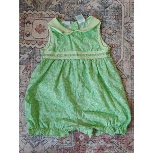 Vintage OKIE DOKIE Green White Floral Collar Bubble Romper Size 24 Months